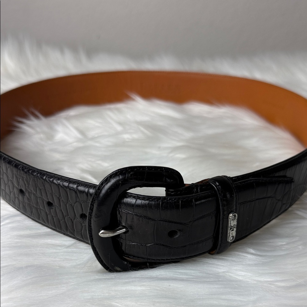 Lauren Ralph Lauren Black Croc-Embossed Leather Belt with Rounded Buckle